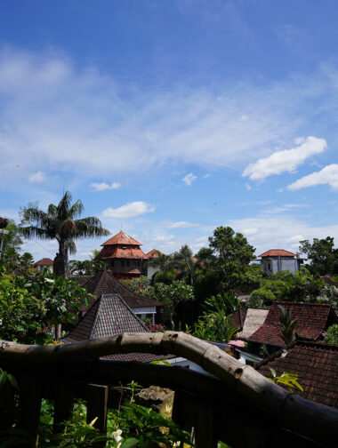 Vue sur les toits balinais traditionnels et la végétation verdoyante à Ubud